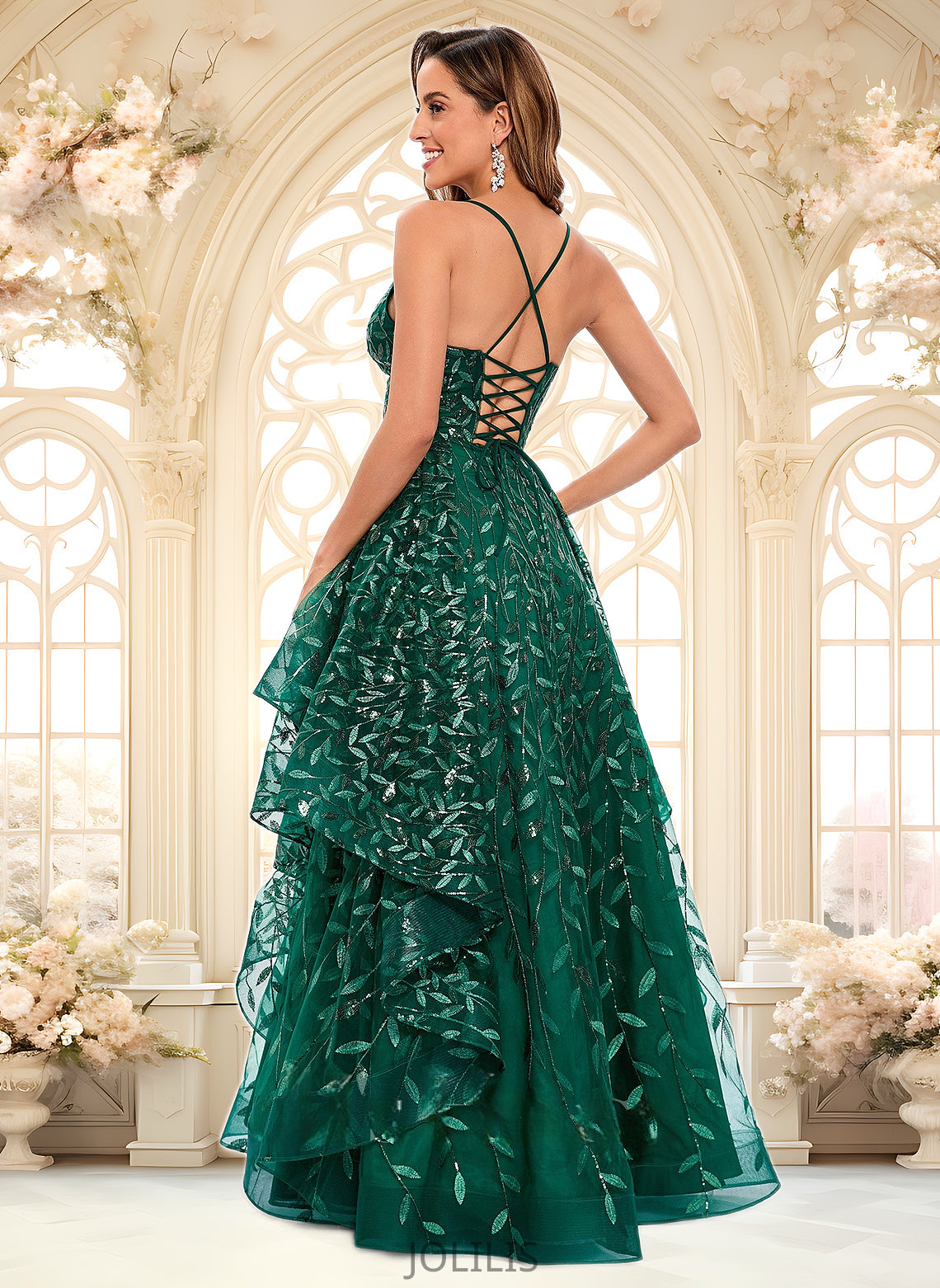 Desiree Ball-Gown/Princess V-Neck Floor-Length Lace Floral Prom Dresses With Sequins HIP0025838