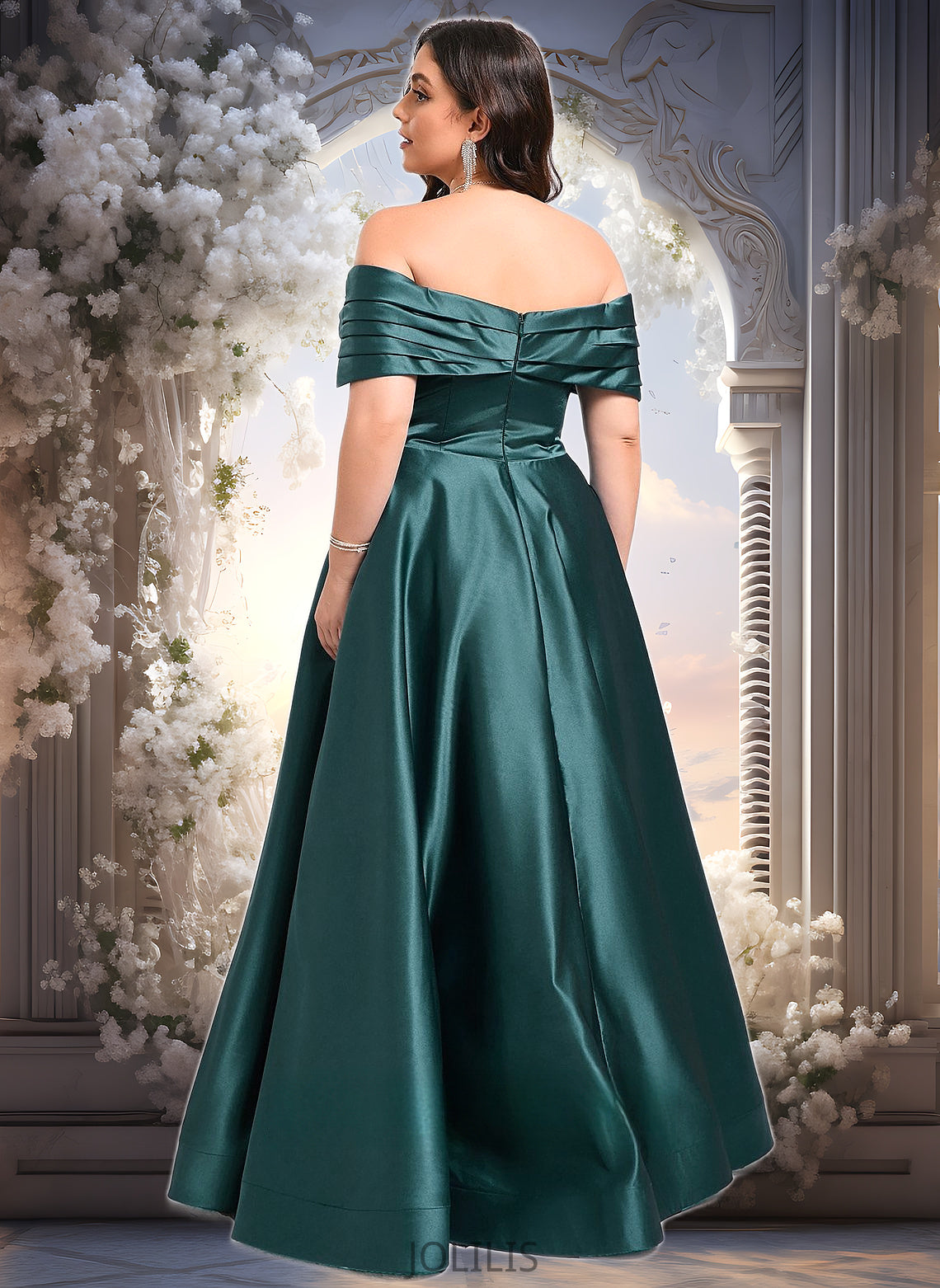 Reese A-line Off the Shoulder Floor-Length Satin Prom Dresses With Pleated HIP0025851