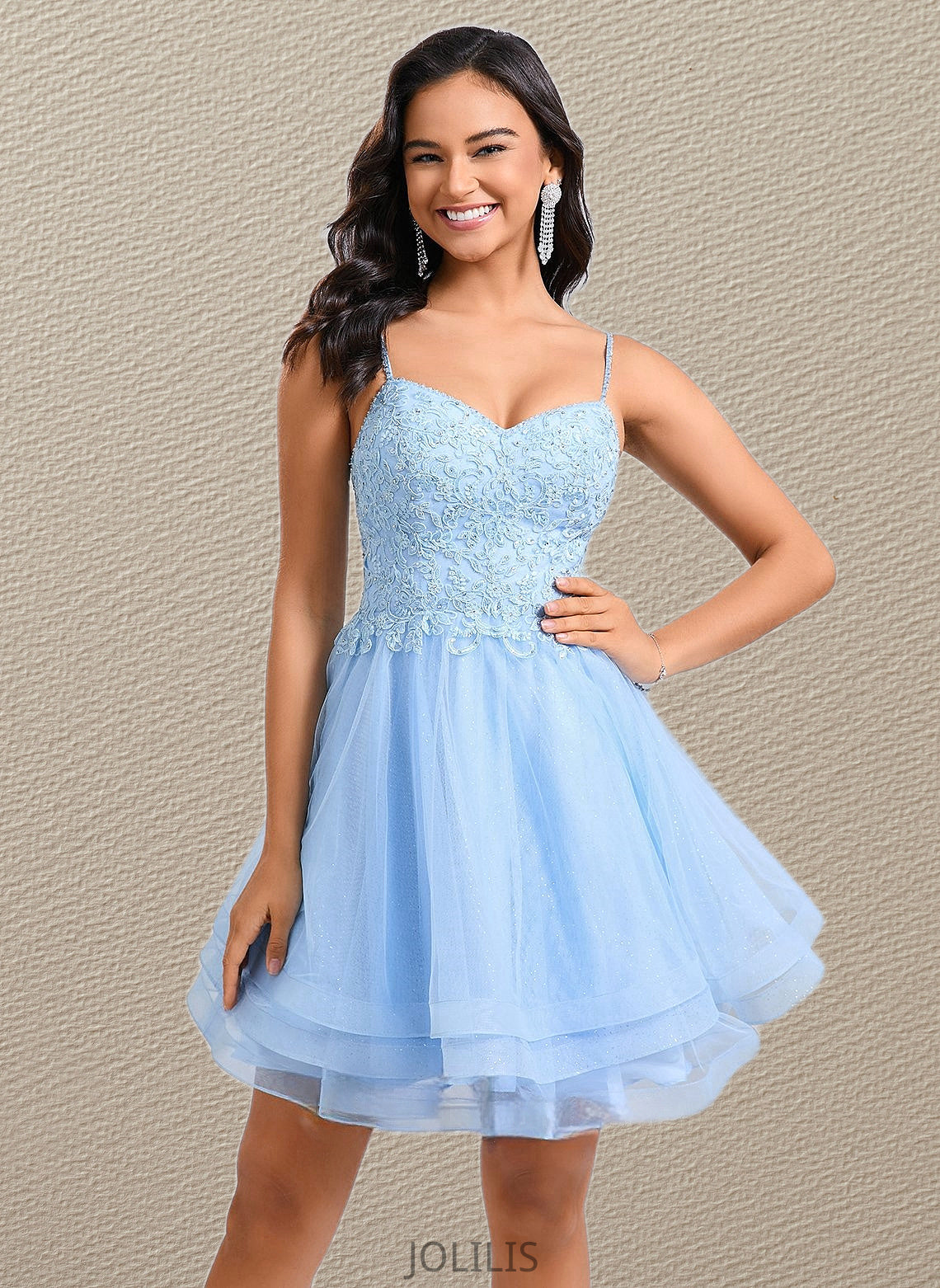 Sadie A-line V-Neck Short Lace Tulle Homecoming Dress With Rhinestone Sequins HIP0025658