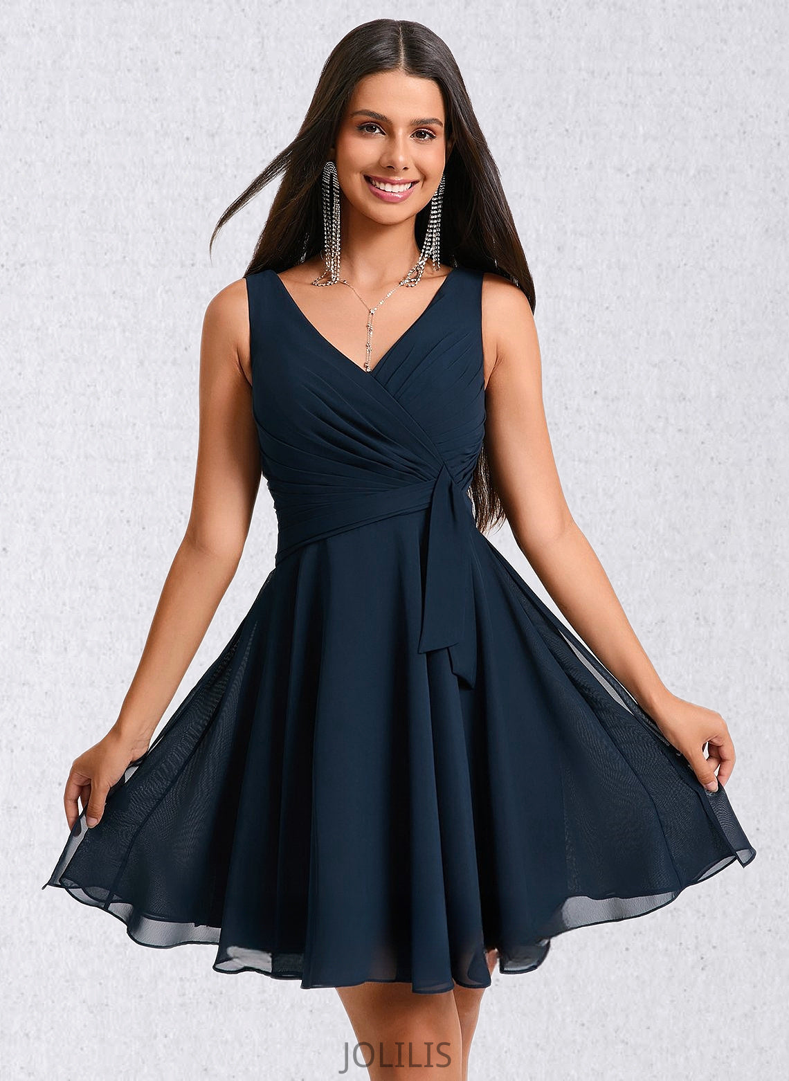 Izabelle A-line V-Neck Short Chiffon Homecoming Dress With Pleated HIP0025644