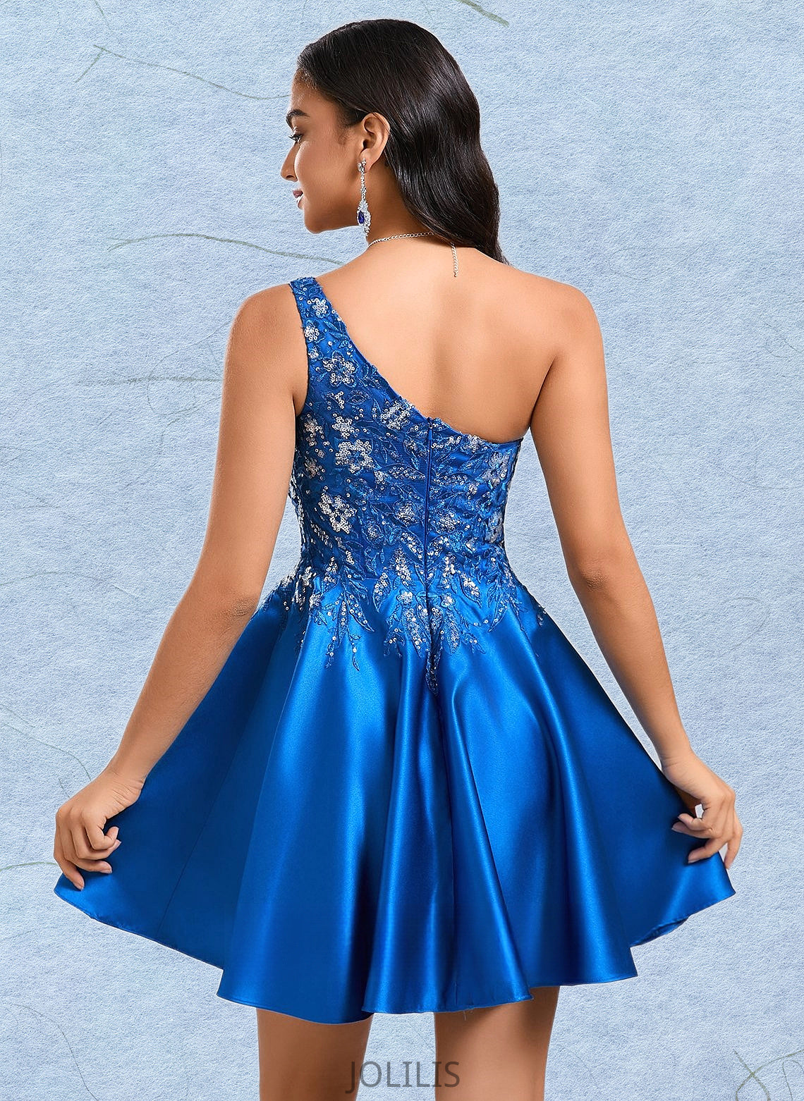 Dixie A-line One Shoulder Short Satin Homecoming Dress With Appliques Lace Sequins HIP0025657