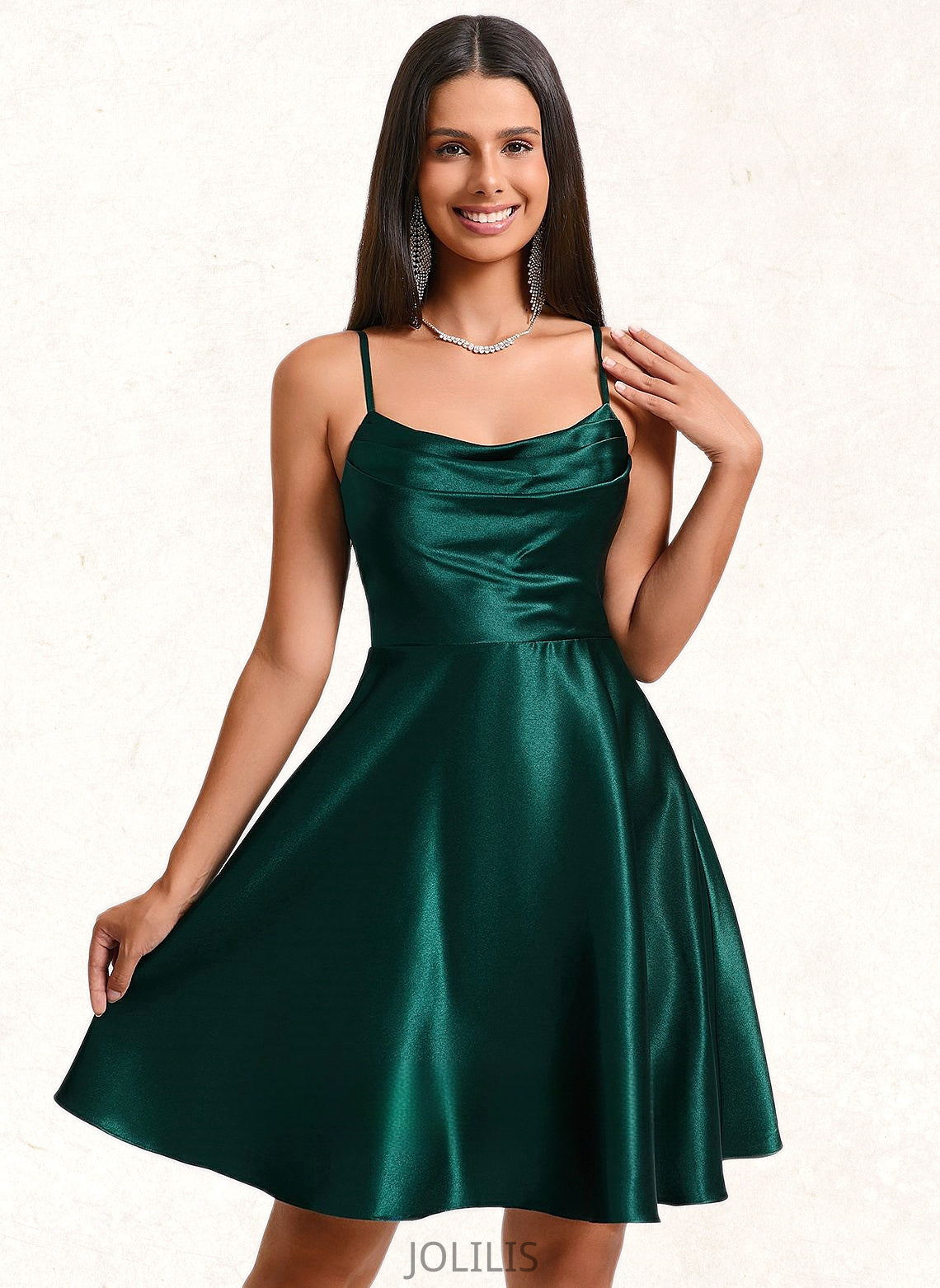 Emelia A-line Cowl Short Stretch Satin Homecoming Dress HIP0025664