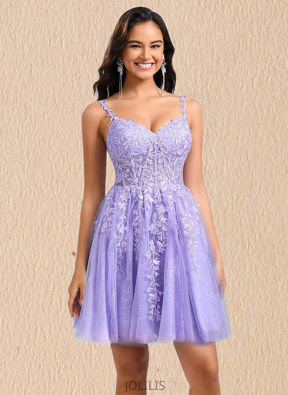 Aliana A-line V-Neck Short Tulle Lace Homecoming Dress HIP0025640