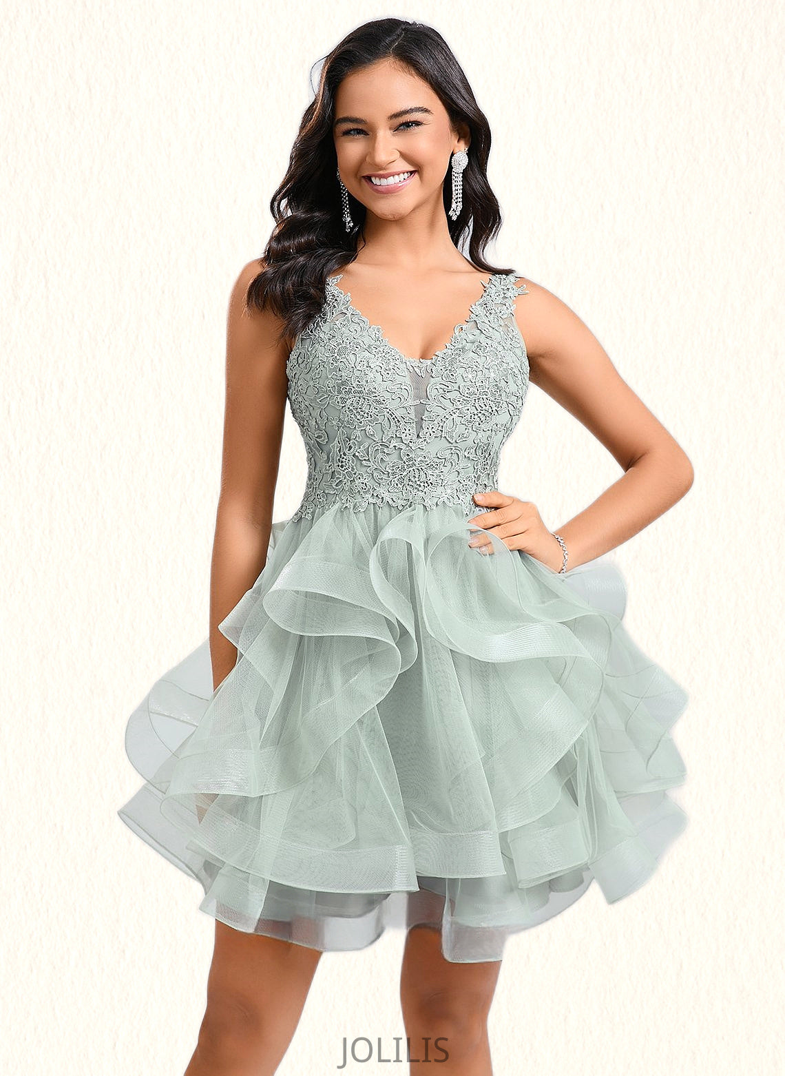 Alicia Ball-Gown/Princess V-Neck Short Tulle Lace Homecoming Dress HIP0025671