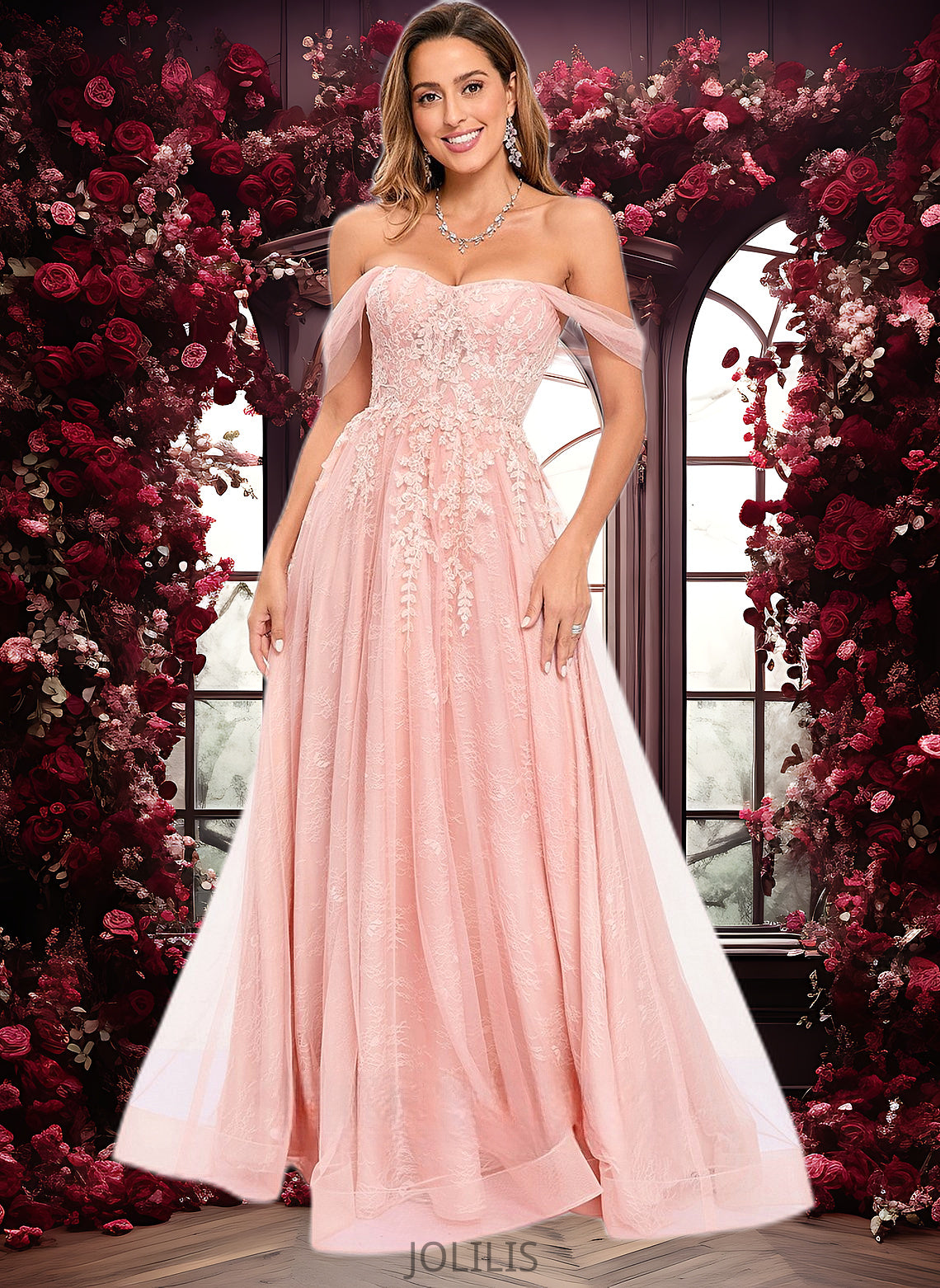 Alyssa A-line Sweetheart Off the Shoulder Floor-Length Tulle Floral Lace Prom Dresses With Appliques Lace HIP0025870