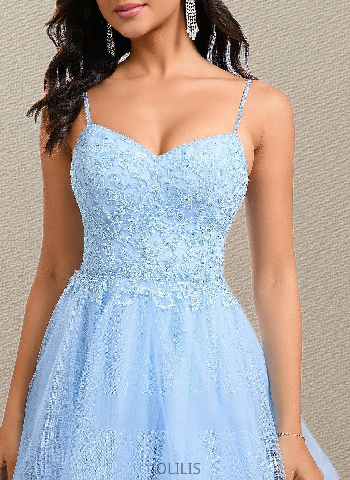 Sadie A-line V-Neck Short Lace Tulle Homecoming Dress With Rhinestone Sequins HIP0025658