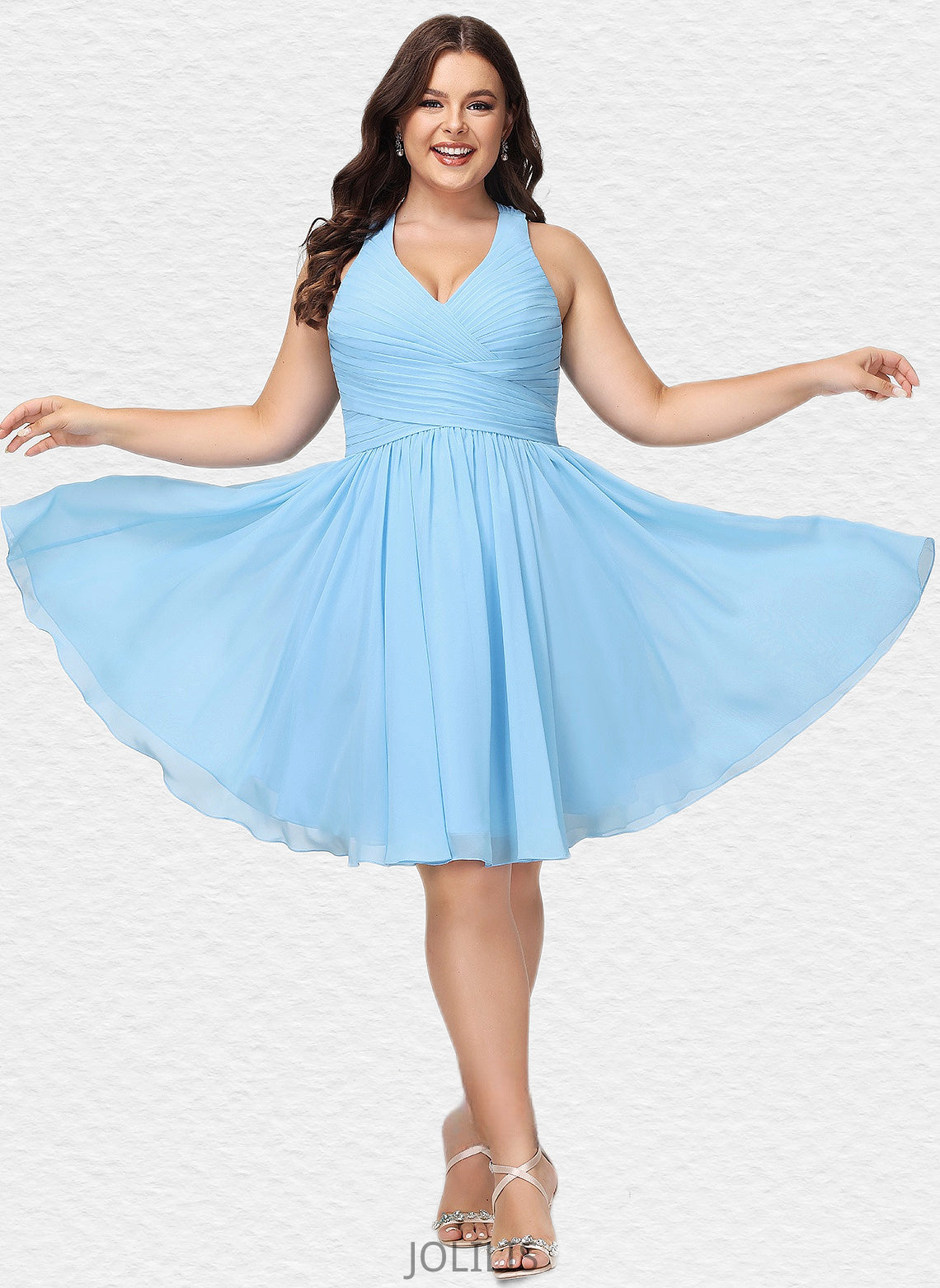 Lillie A-line V-Neck Knee-Length Chiffon Homecoming Dress With Ruffle HIP0025703