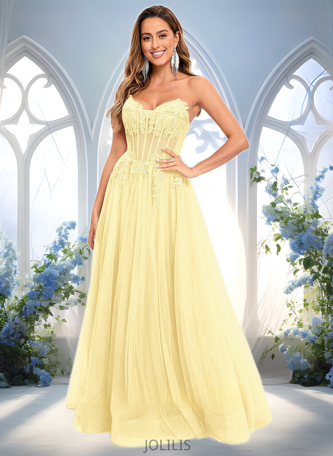 Melissa Ball-Gown/Princess V-Neck Floor-Length Tulle Prom Dresses With Sequins Appliques Lace HIP0025837