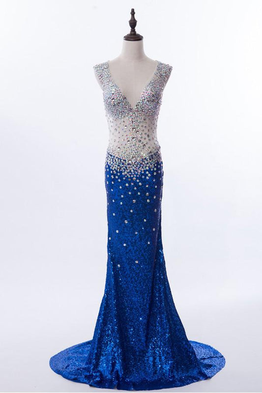 Mermaid V-neck Sequined Backless Prom Dresses Evening Dress S02