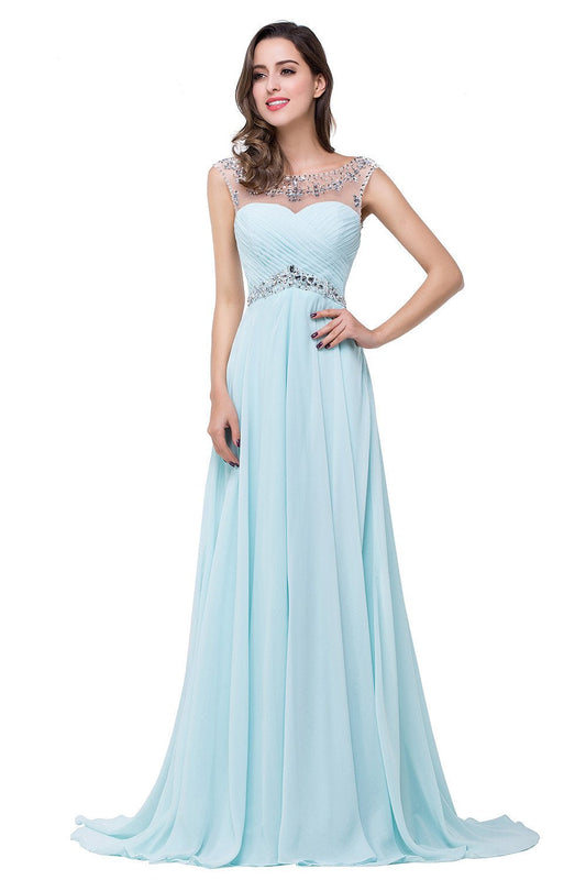 Light Sky Blue Backless Chiffon  Long Beaded Prom Dresses SM1