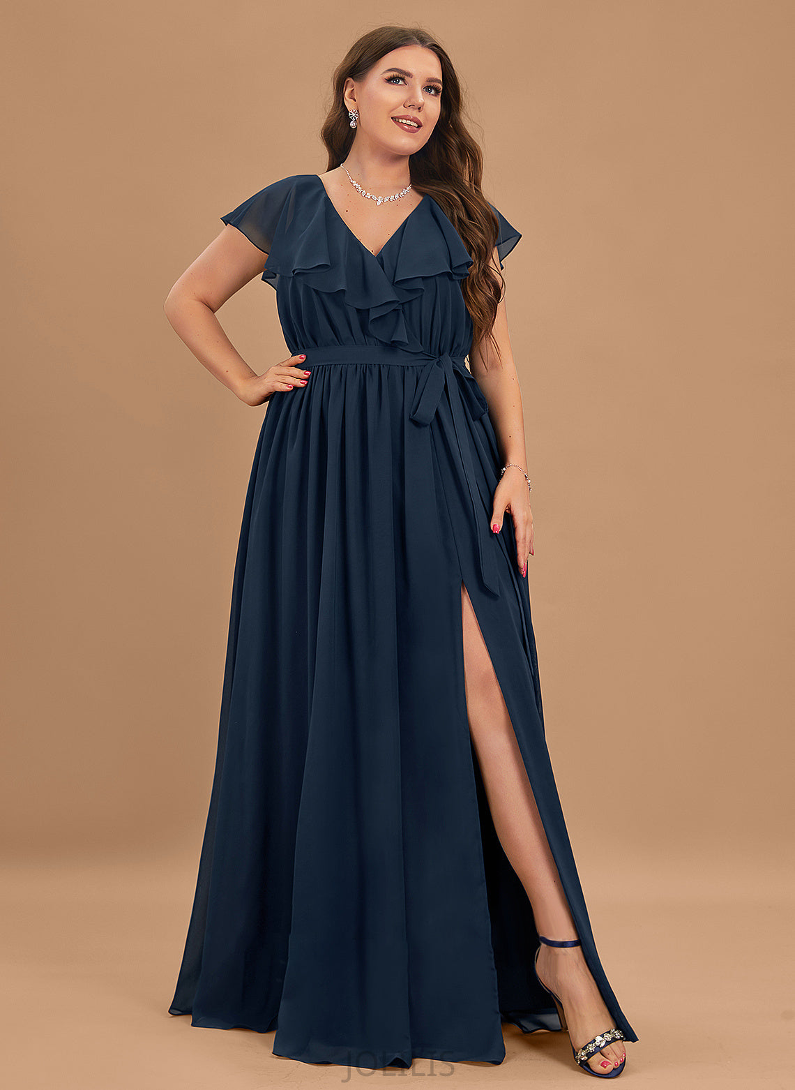 A-Line V-neck Mariela Cascading Bow(s) Chiffon Floor-Length Split With Ruffles Front Prom Dresses