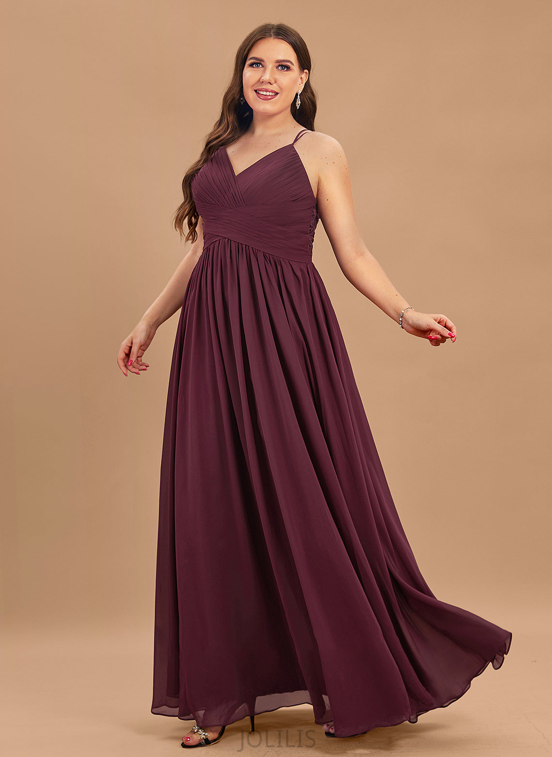 Aniyah V-neck A-Line With Prom Dresses Chiffon Lace Ruffle Floor-Length