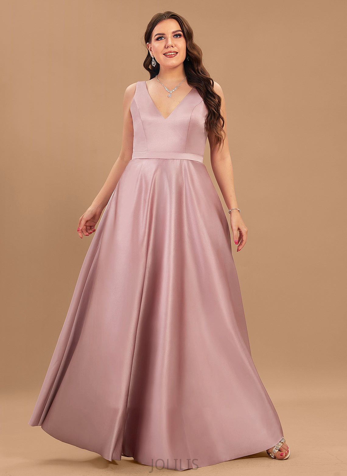 Ball-Gown/Princess Angelica Floor-Length Pockets Prom Dresses Satin With V-neck