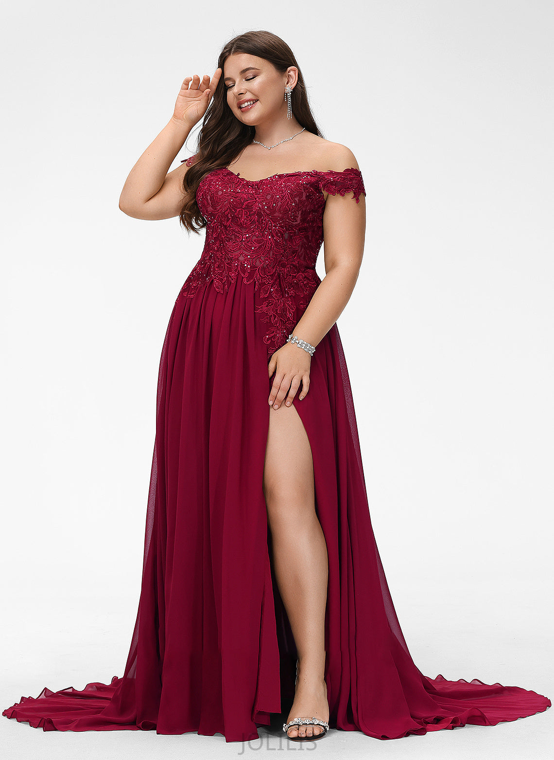 Adelyn Sweep Prom Dresses With A-Line Lace Train Sequins Off-the-Shoulder Chiffon