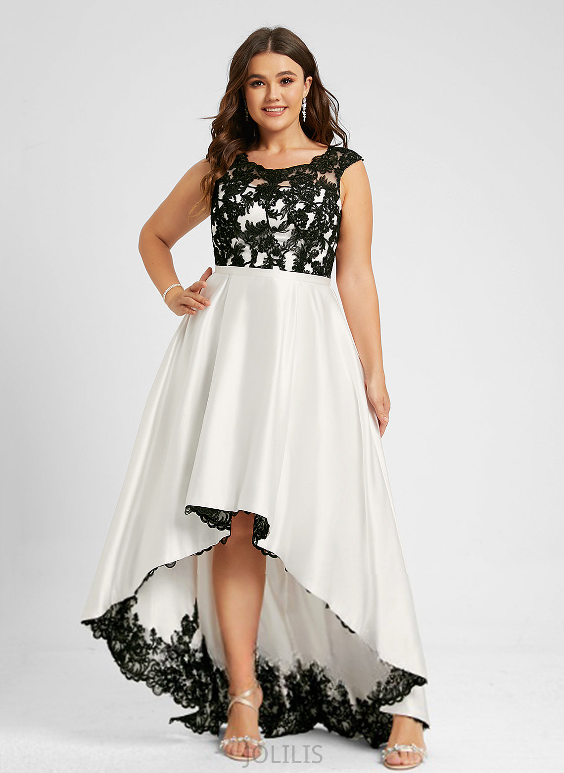 Asymmetrical Scoop Illusion Lace Satin Margery Prom Dresses A-Line