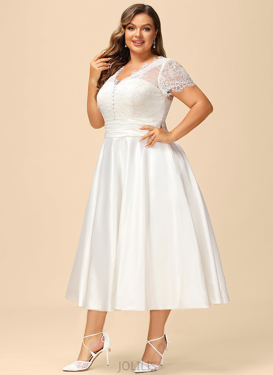 Dress Ruffle Margery A-Line Satin V-neck With Tea-Length Wedding Lace Wedding Dresses