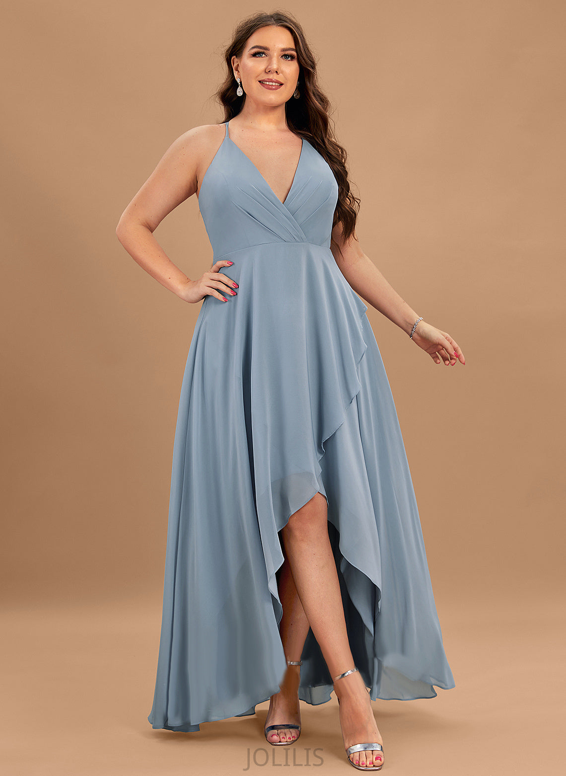 Chiffon Gabrielle Asymmetrical V-neck Prom Dresses A-Line