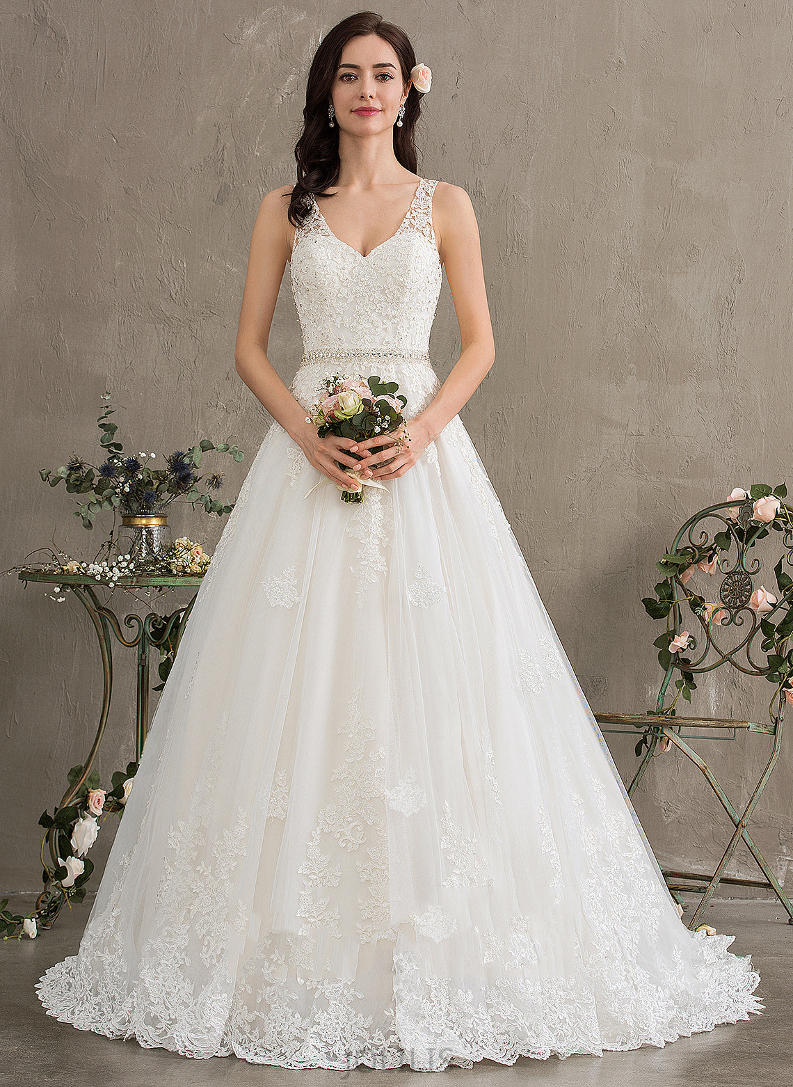 With Wedding Dresses Ball-Gown/Princess Dress Train Sequins Beading Wedding Emmy V-neck Lace Tulle Court