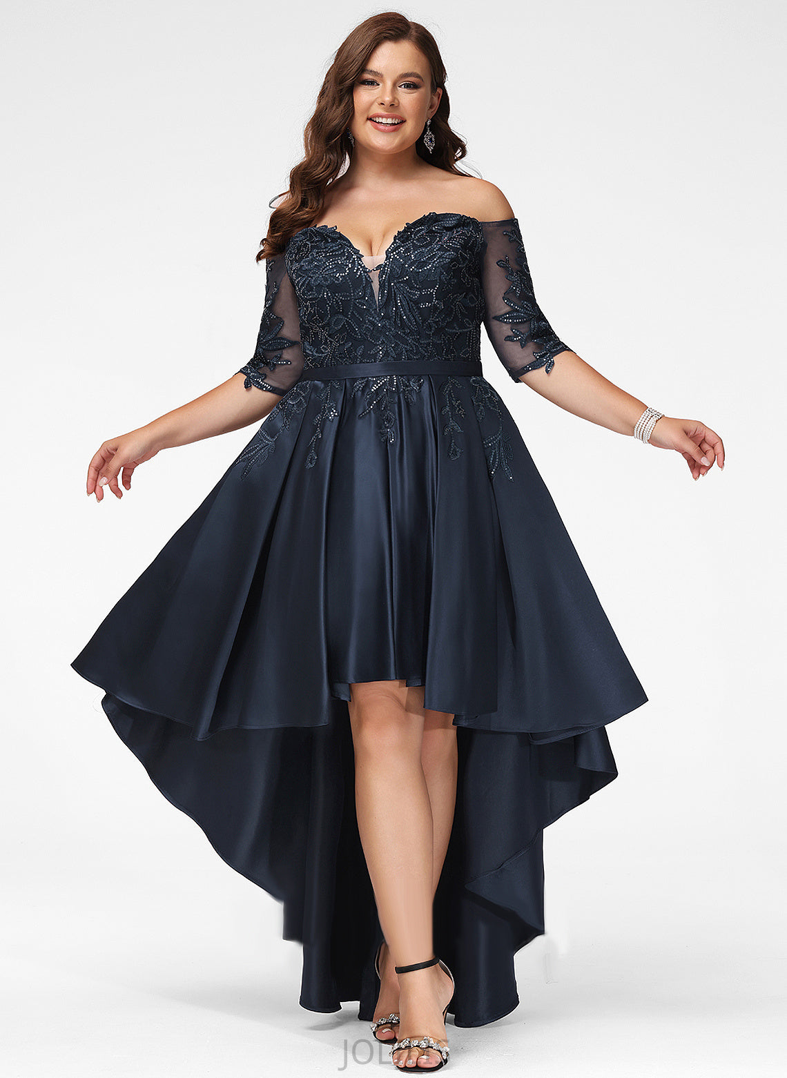 Asymmetrical Prom Dresses Larissa A-Line Sequins Satin Lace Off-the-Shoulder With