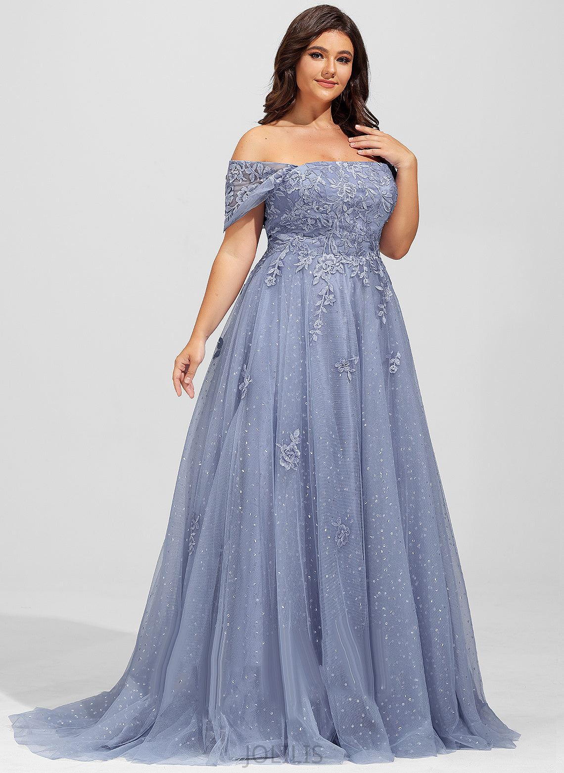 Tulle Ball-Gown/Princess Sweep Train With Jaylen Lace Prom Dresses Sequins Off-the-Shoulder