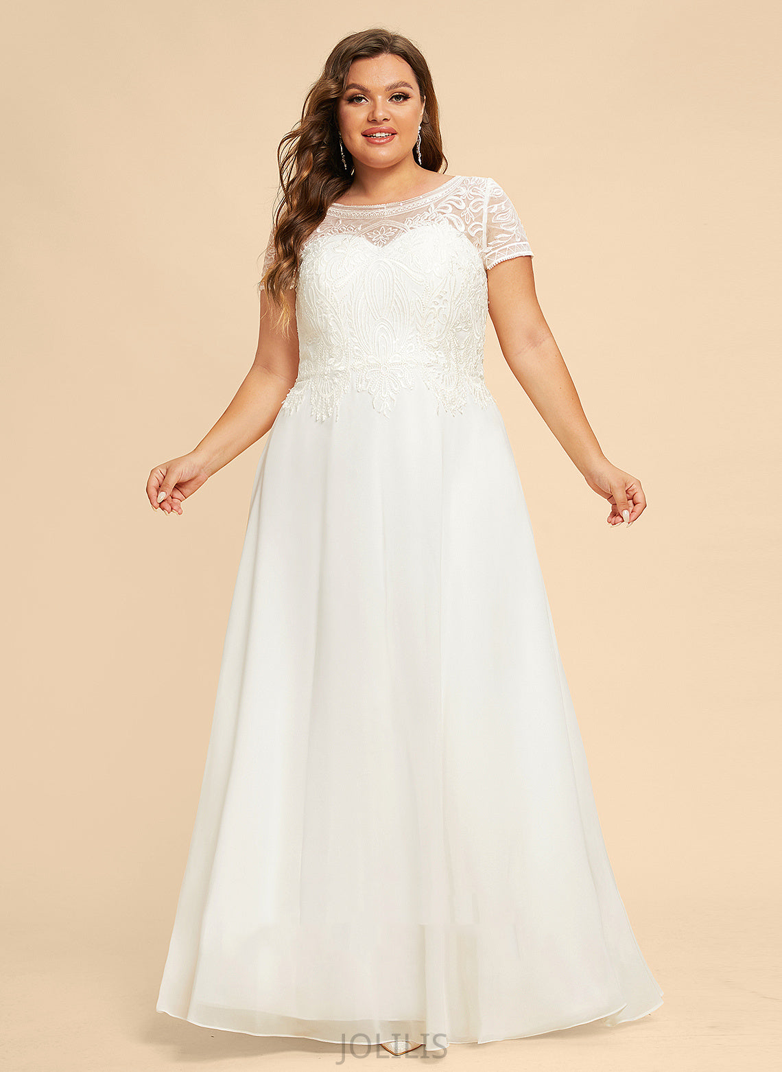 Chiffon Sequins Neck Dress Ada Wedding Dresses With Scoop Lace Wedding Floor-Length