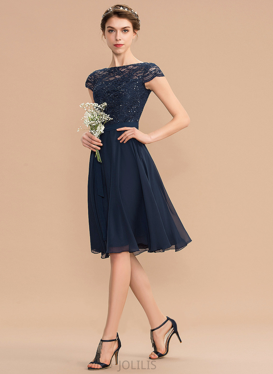 Lace A-Line Chiffon With Scoop Homecoming Dress Knee-Length Bow(s) Eliana Neck Homecoming Dresses