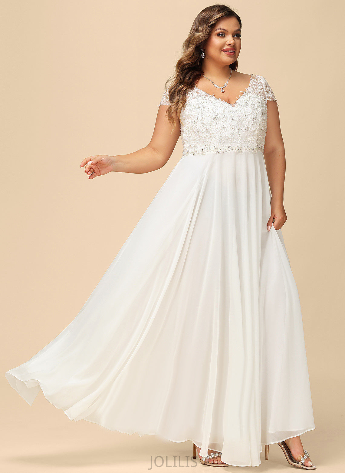 Dress Floor-Length Lace Beading Joanna Chiffon Wedding Wedding Dresses With V-neck Sequins A-Line