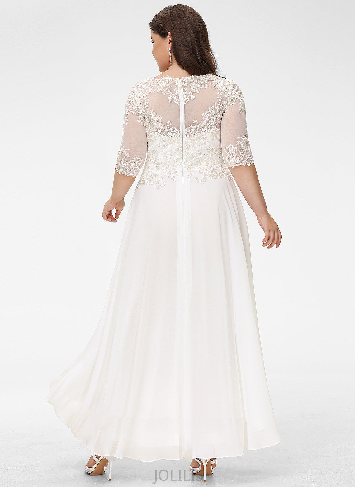 Cristal Dress Lace Sequins Wedding Dresses Neck Asymmetrical A-Line Wedding Beading With Scoop Chiffon