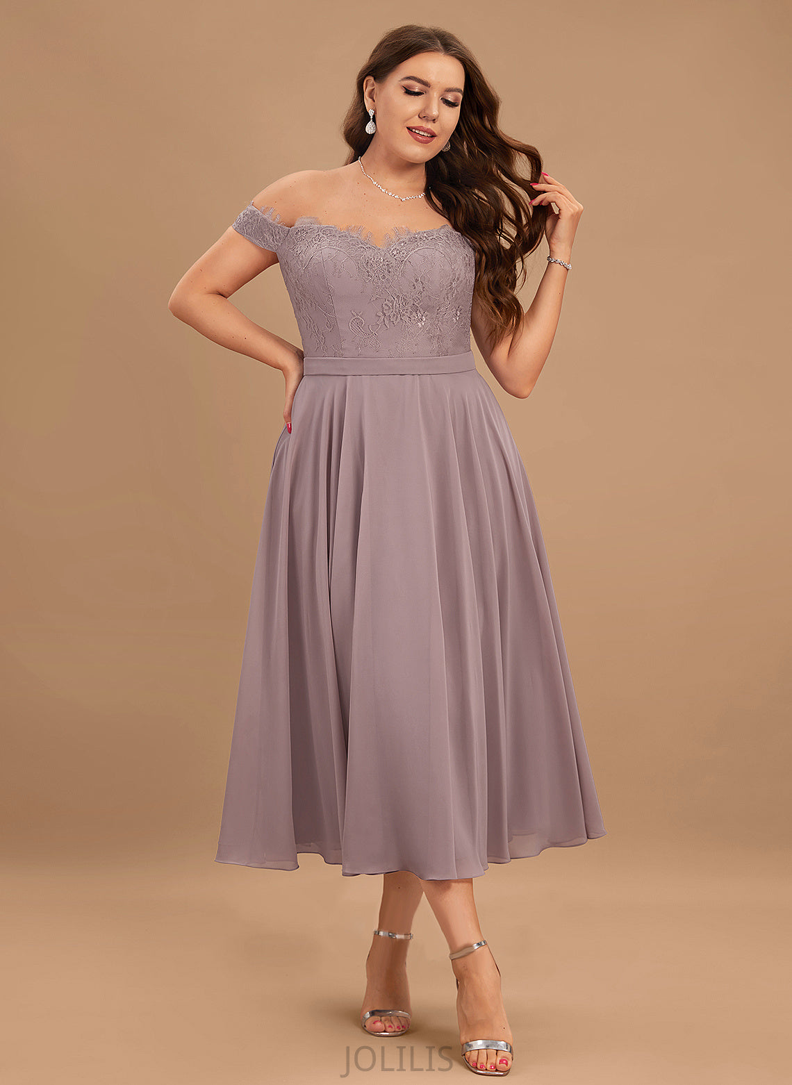 With A-Line Dress Beading Lace Homecoming Dresses Homecoming Off-the-Shoulder Tea-Length Lily Chiffon