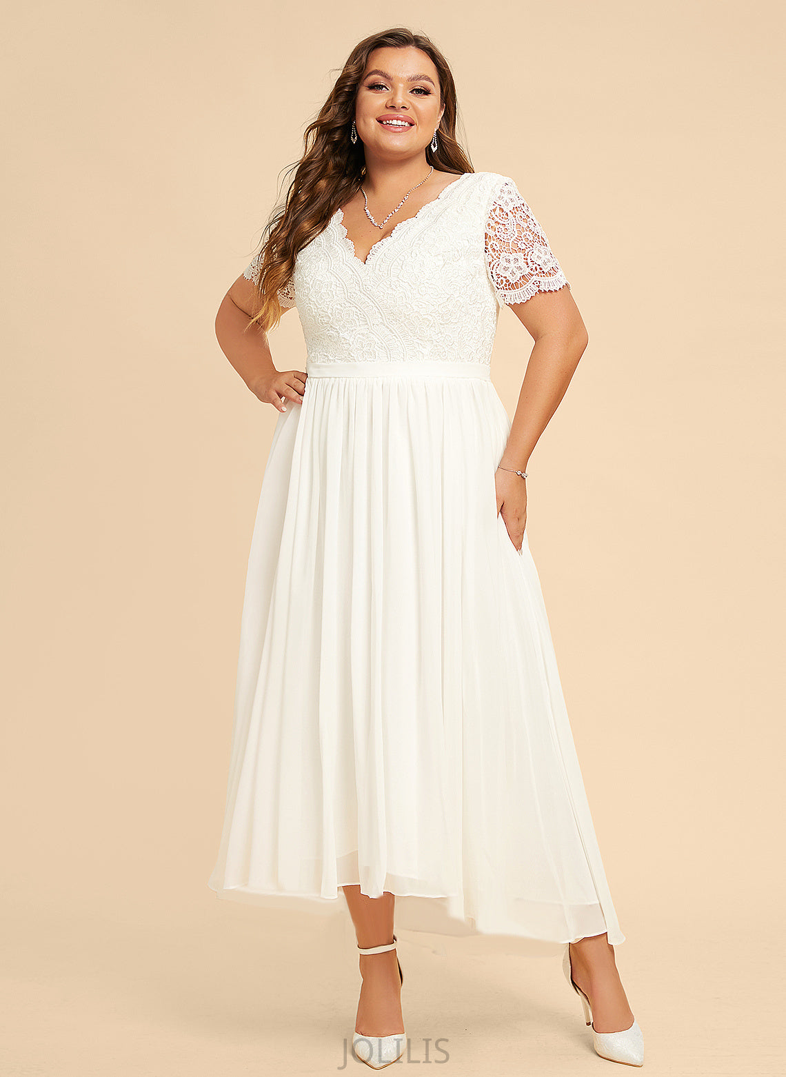 Asymmetrical Dress Wedding A-Line Juliet Wedding Dresses With Chiffon V-neck Lace