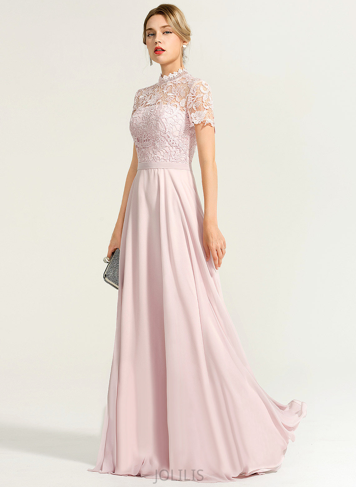 High Illusion A-Line Chiffon Lace Julianne Prom Dresses Neck Floor-Length