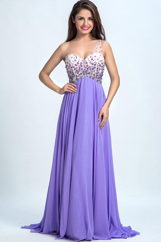 One-Shoulder Chiffon Prom Dresses Homecoming Dress with Beading ED38