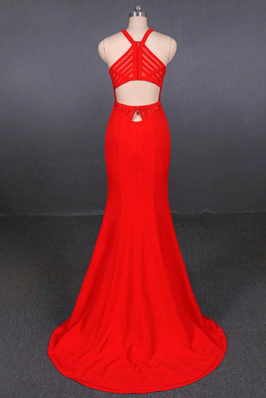 Stylish Halter Mermaid Prom Dress, Red Mermaid Open Back Long Evening Dresses N2341