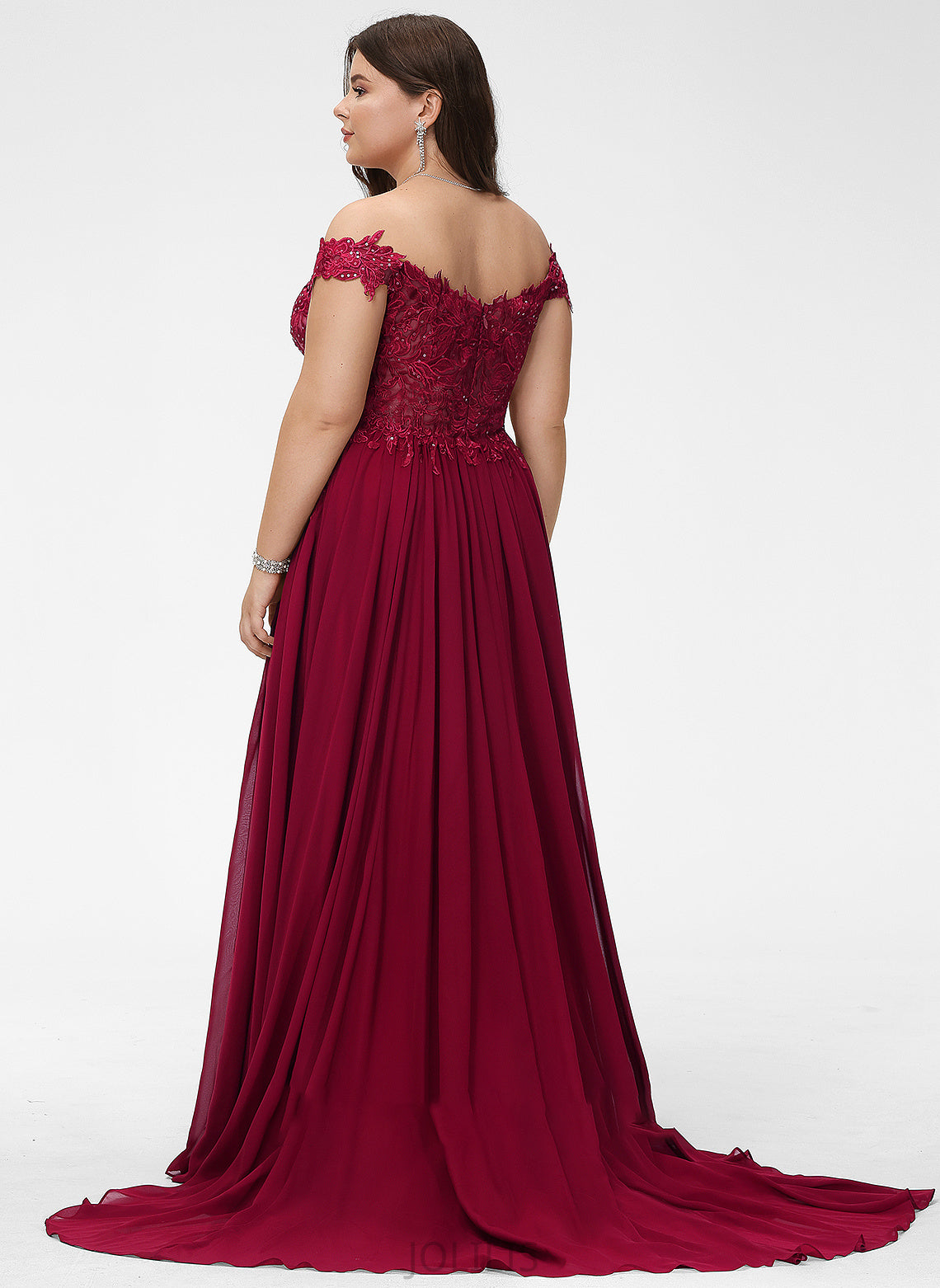 Adelyn Sweep Prom Dresses With A-Line Lace Train Sequins Off-the-Shoulder Chiffon