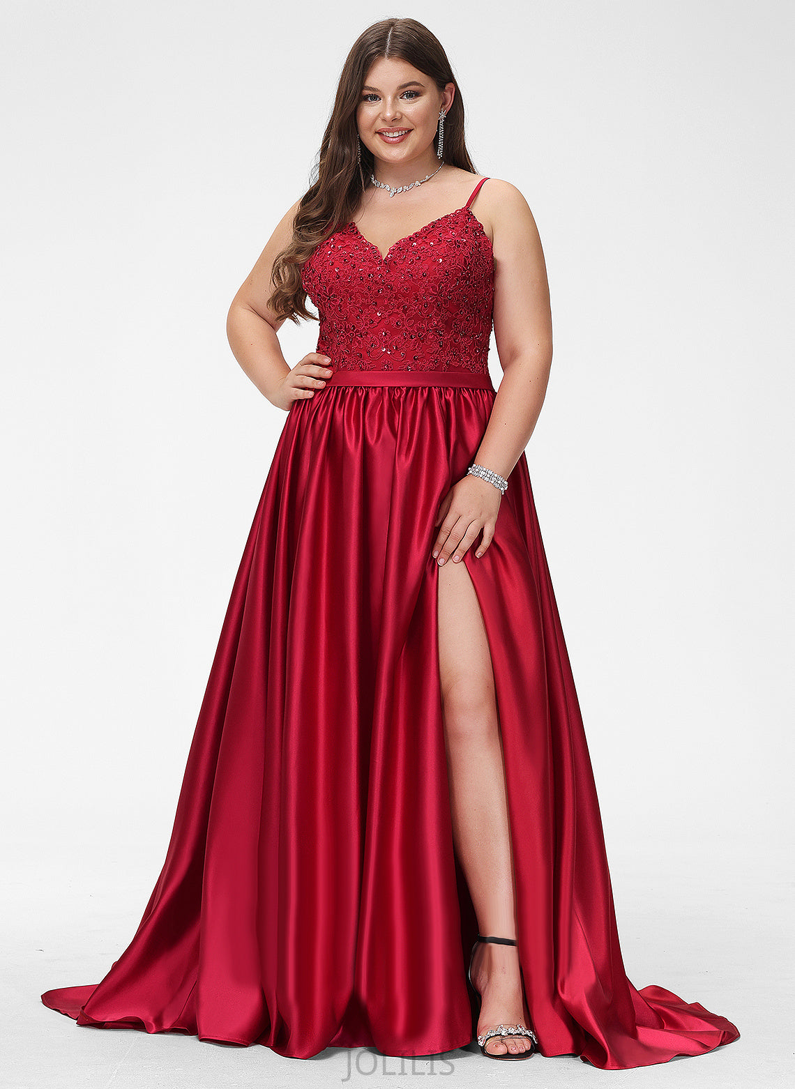 Beading Sweep Amina Train With Ball-Gown/Princess Lace Satin V-neck Sequins Prom Dresses