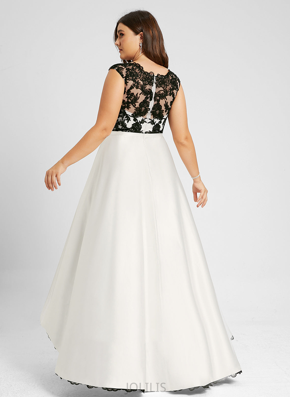 Asymmetrical Scoop Illusion Lace Satin Margery Prom Dresses A-Line