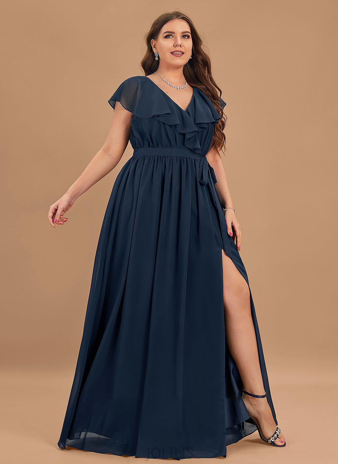 A-Line V-neck Mariela Cascading Bow(s) Chiffon Floor-Length Split With Ruffles Front Prom Dresses