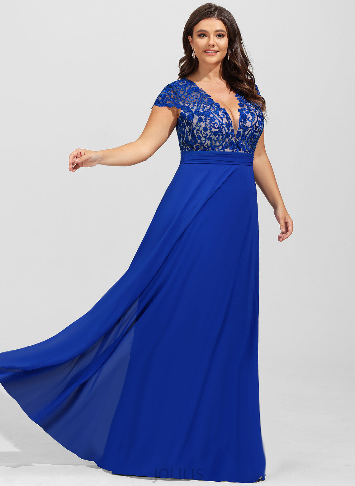 V-neck Prom Dresses Chiffon A-Line Floor-Length Laci Lace