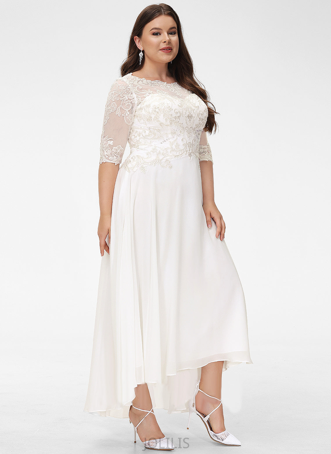 Cristal Dress Lace Sequins Wedding Dresses Neck Asymmetrical A-Line Wedding Beading With Scoop Chiffon