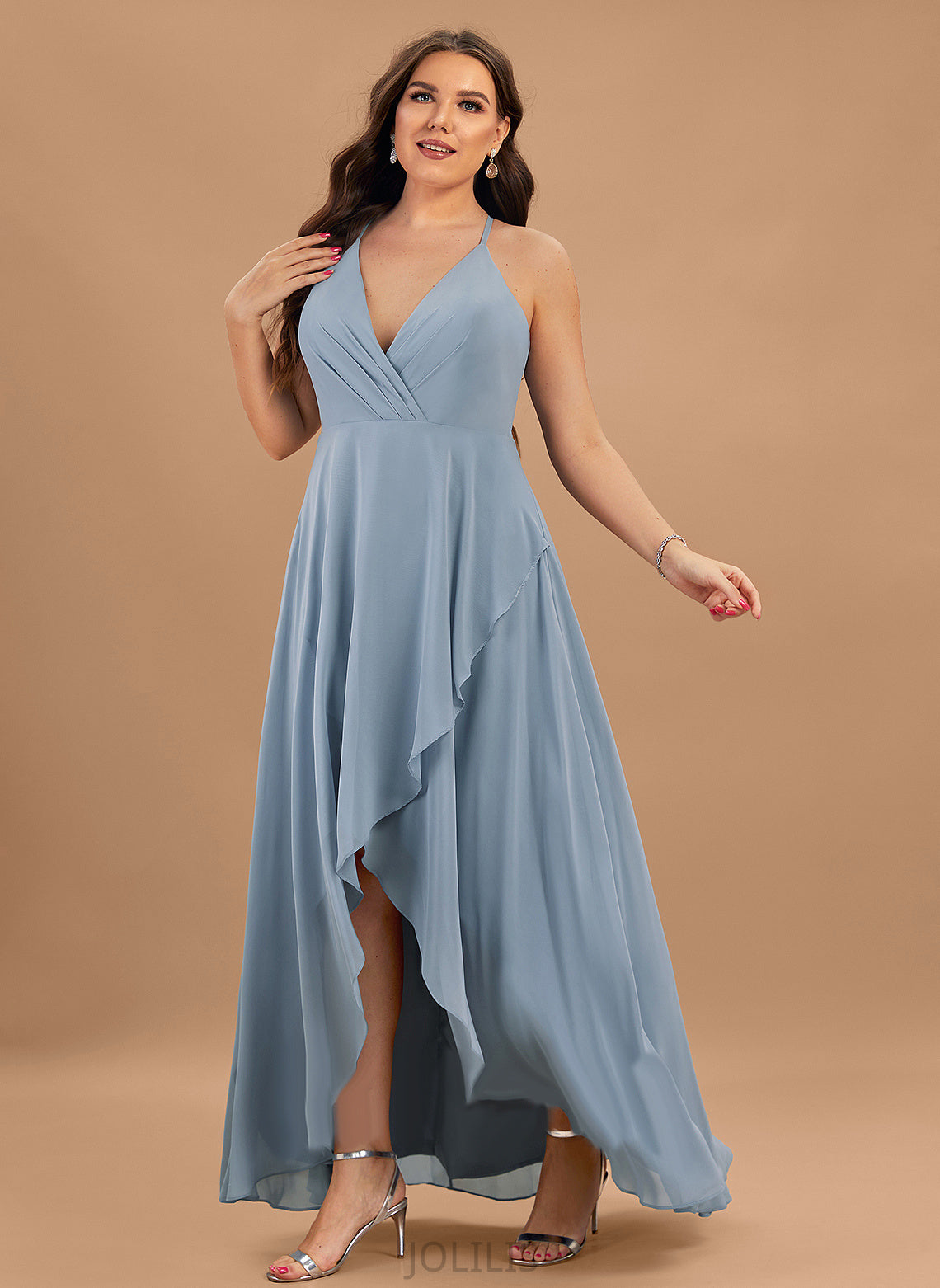 Chiffon Gabrielle Asymmetrical V-neck Prom Dresses A-Line