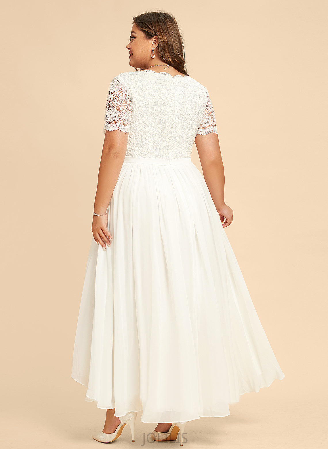 Asymmetrical Dress Wedding A-Line Juliet Wedding Dresses With Chiffon V-neck Lace