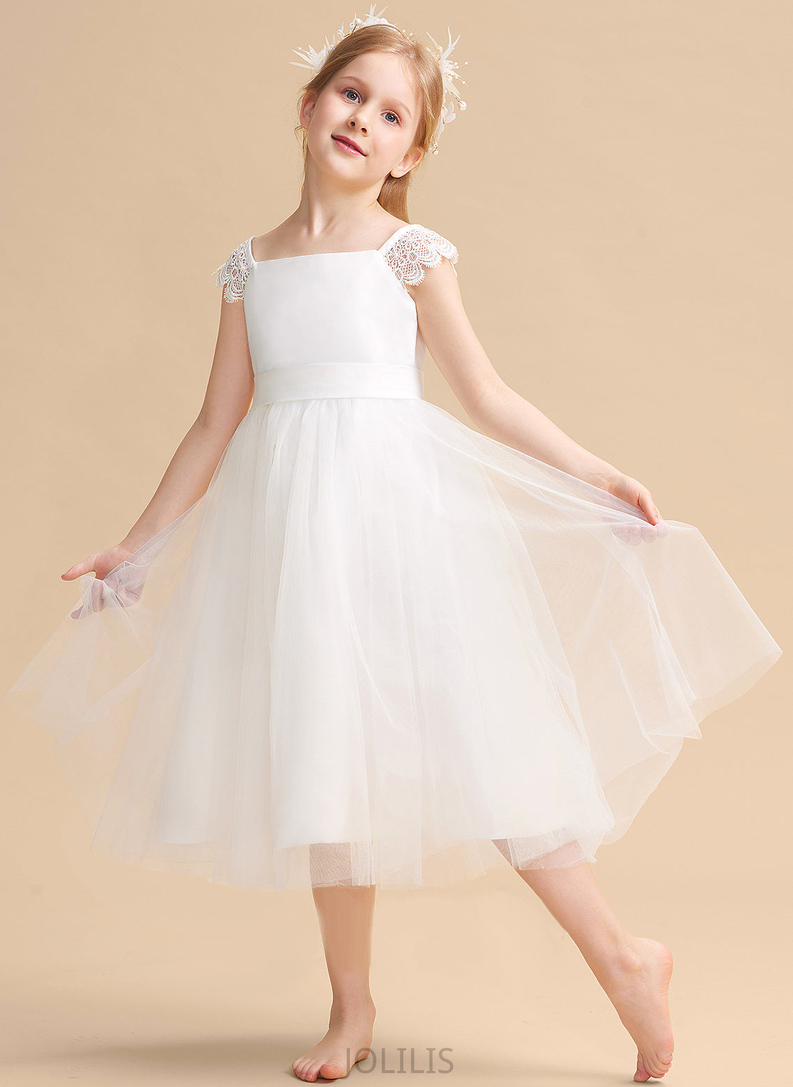 Lace/Sash Dress Sleeveless Girl Flower Girl Dresses Neckline Satin/Tulle A-Line - Square With Flower Christina Tea-length