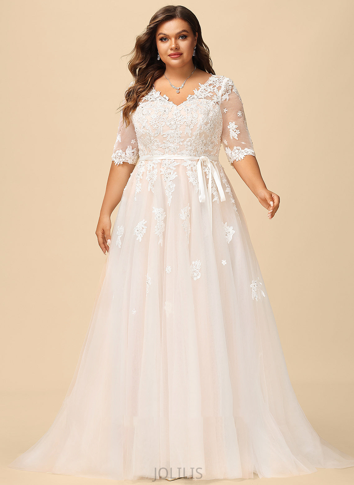 Bow(s) Wedding Beading Court V-neck Dress With Ball-Gown/Princess Lace Appliques Kaitlynn Satin Wedding Dresses Tulle Sequins Train