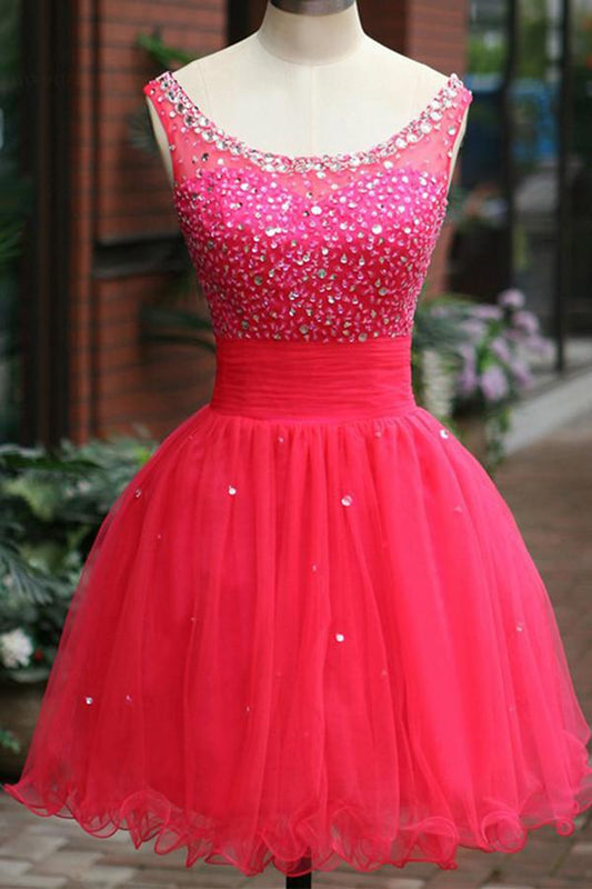 Fuchsia Tulle Beading Prom Dresses Homecoming Dress ED41