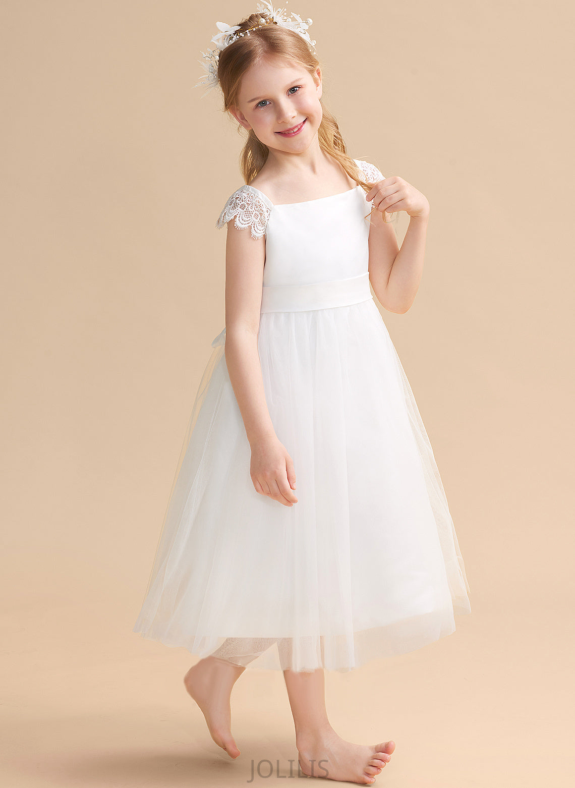 Lace/Sash Dress Sleeveless Girl Flower Girl Dresses Neckline Satin/Tulle A-Line - Square With Flower Christina Tea-length