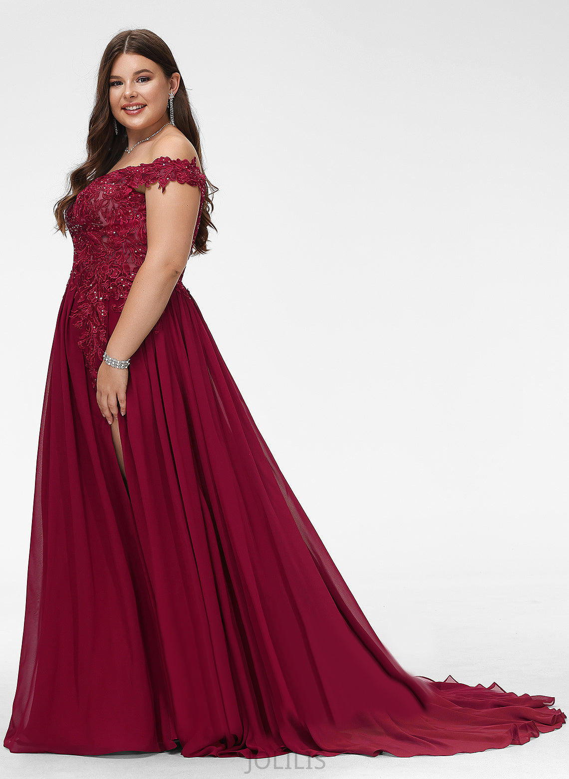 Off-the-Shoulder Train Janet With Sequins Prom Dresses Chiffon A-Line Sweep