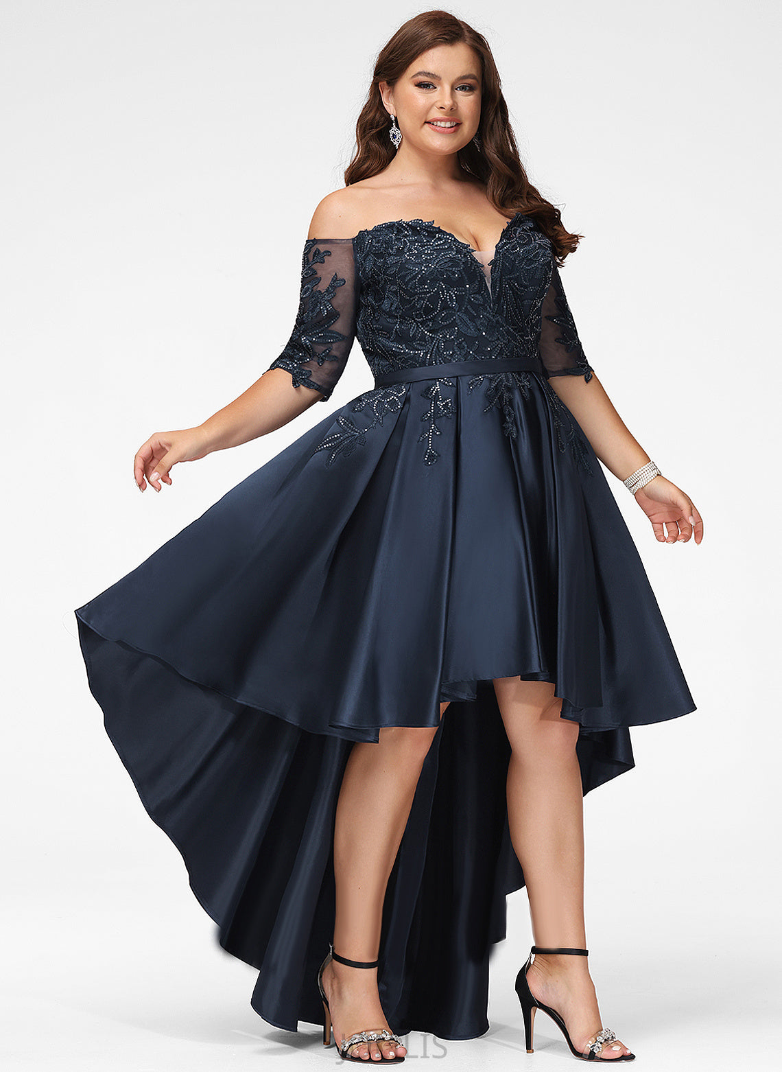 Lace A-Line Lynn Prom Dresses Asymmetrical Satin Off-the-Shoulder