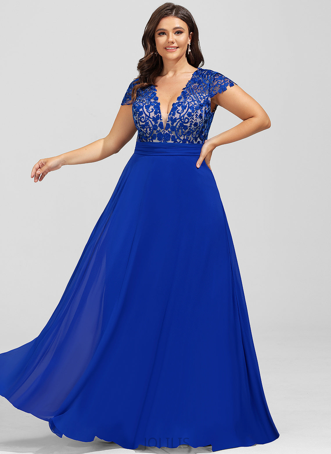 V-neck Prom Dresses Chiffon A-Line Floor-Length Laci Lace