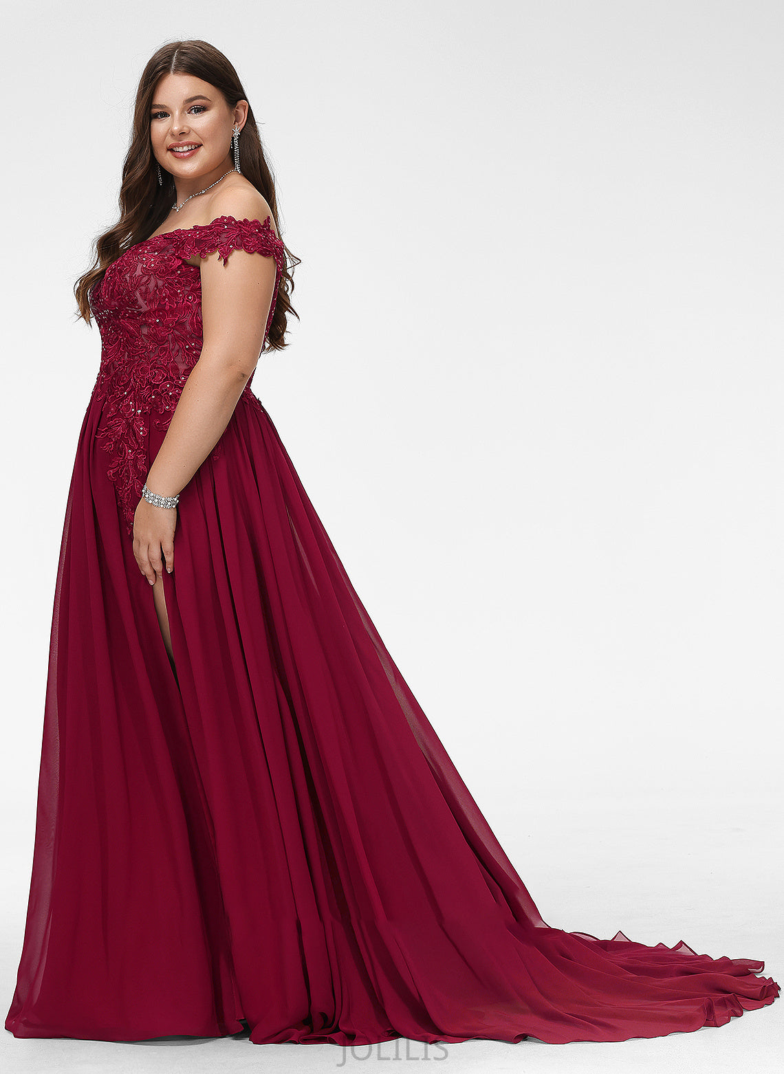 Adelyn Sweep Prom Dresses With A-Line Lace Train Sequins Off-the-Shoulder Chiffon