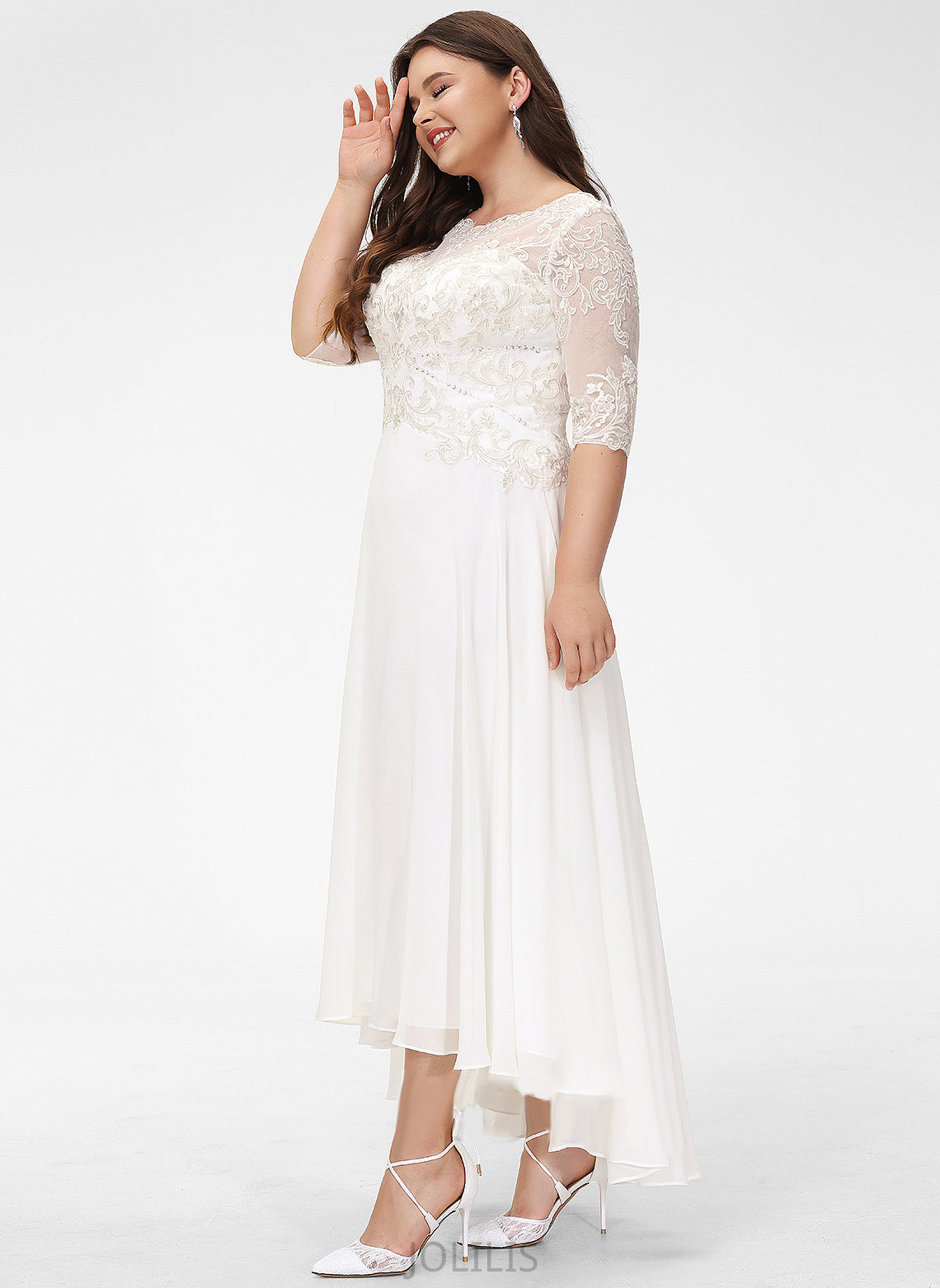 Cristal Dress Lace Sequins Wedding Dresses Neck Asymmetrical A-Line Wedding Beading With Scoop Chiffon